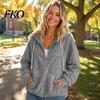 Comfortable Loungewear Top Womens Quarter Zip Hoodie, Oversized Loose Fit Long Sleeve Sweatshirt with Full Corduroy Hoodie Drawstring Hood Kangaroo