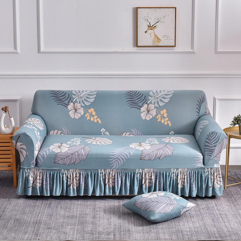 Elastic Stretchable Sofa Cover with Skirt Washable Furniture Protector Printed Slipcovers with Elastic Bottom for Living Room
