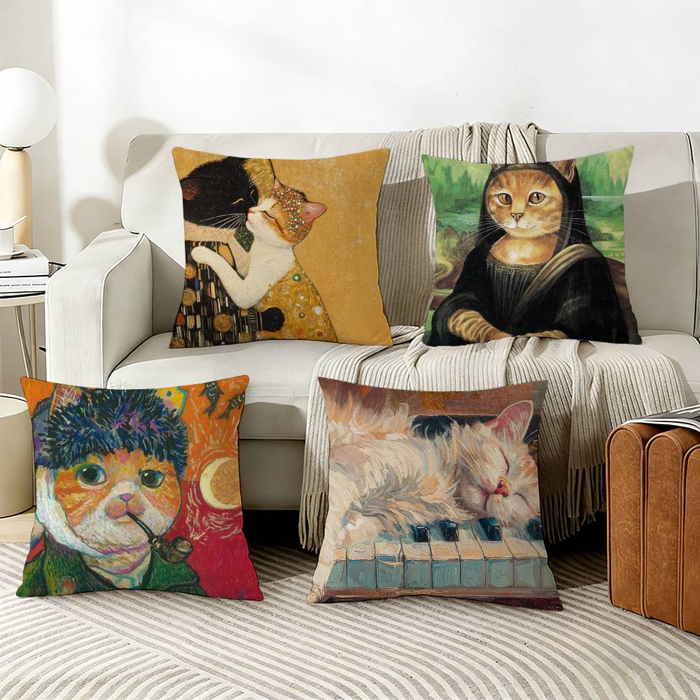 Funny Artistic Cat Painting Pillow Cover Sofa Cushion Cover Home Room Decoration Children Gift