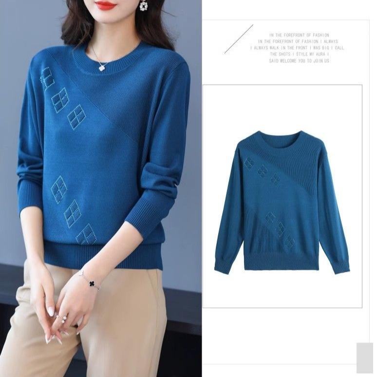 Women's Thin Crew Neck Knit Sweater Spring and Autumn Loose Solid Color Knit Pullover Top