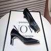 2025 spring new square head single shoes lady temperament color matching light mouth thick heel evening shoes versatile commuter high heels