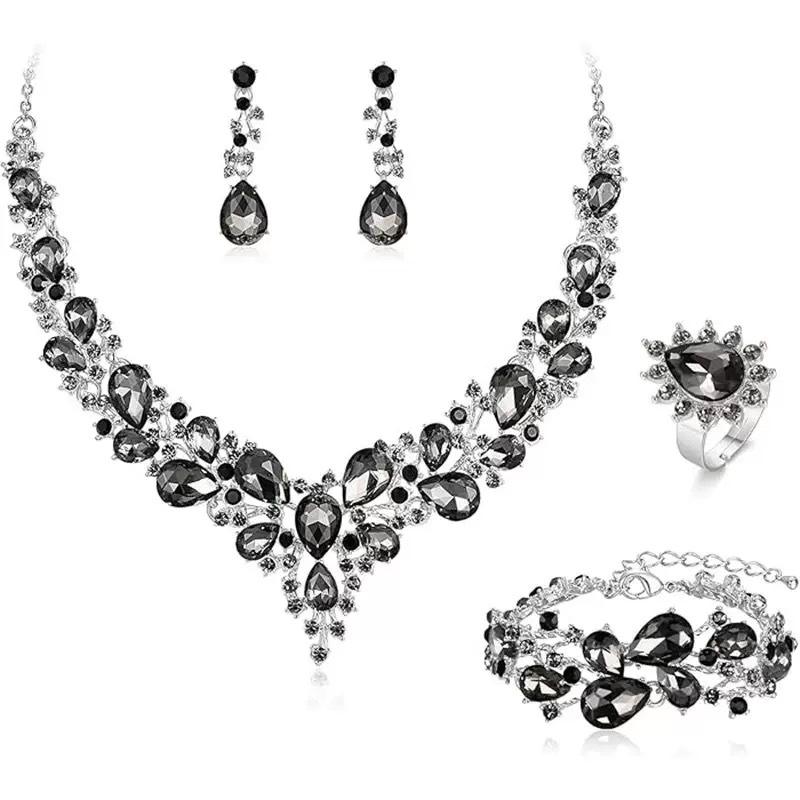 Set Colier Cercei Strass Cristal Mireasă Set Rochie Bal Banchet Doamne Set de Lux Patru Piese