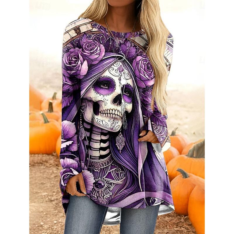 Women's Skull Pattern Printed V-neck Long sleeved T-shirt Fashion Casual Top Hoodie Clothing
