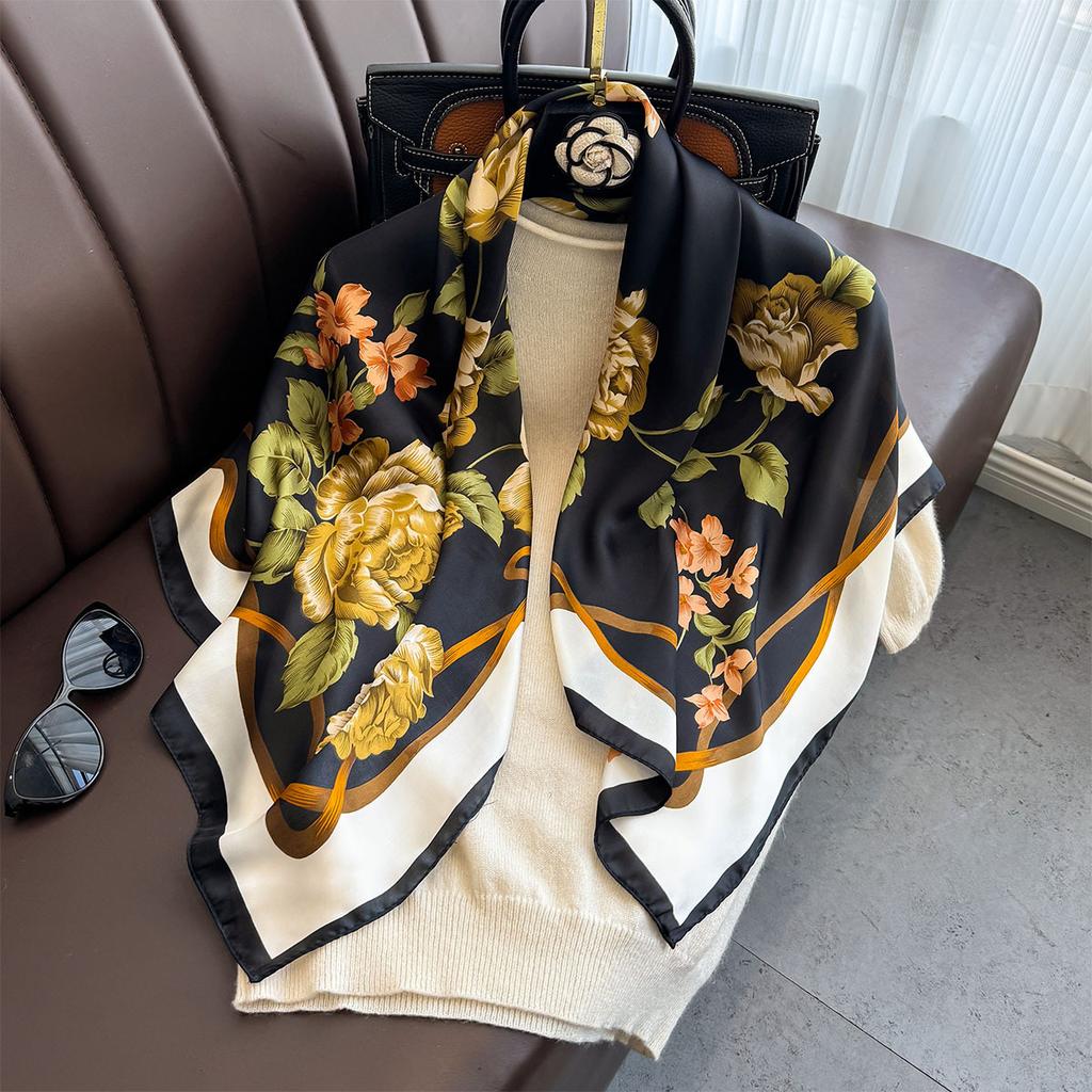 90×90Cm  Satin Shawl Design Flowers Silk Square Women Neck Scarves Wrap Headkerchief Beach Hair Band Women'S Bandana