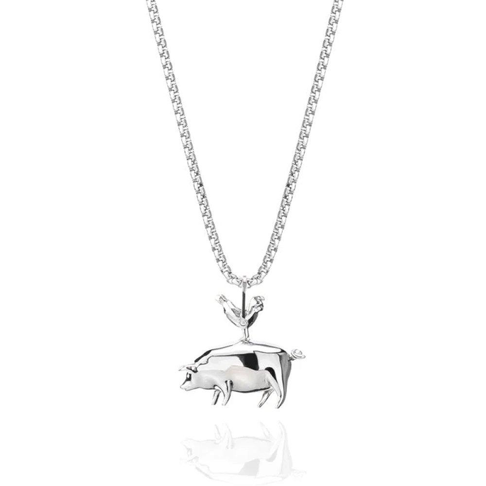 Pig and Hen Pendant Necklace - Silver x Silver