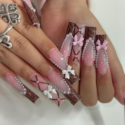 Lange Pipe Wear Nail Schokolade French Bow Pearl Fake Nail Abnehmbares Nail Art Nagelstück