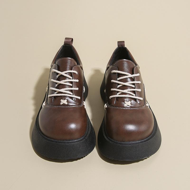 

Retro big head thick sole heightening leather small leather shoes women s new versatile niche lace-up loafers 40