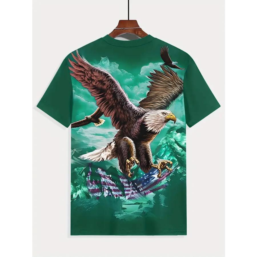 Mens Vintage Eagle Graphic Print T-Shirt - Crew Neck, Short Sleeve, Slight Stretch, Polyester, Regular Fit, Summer Outdoor Tee - Animal Pattern