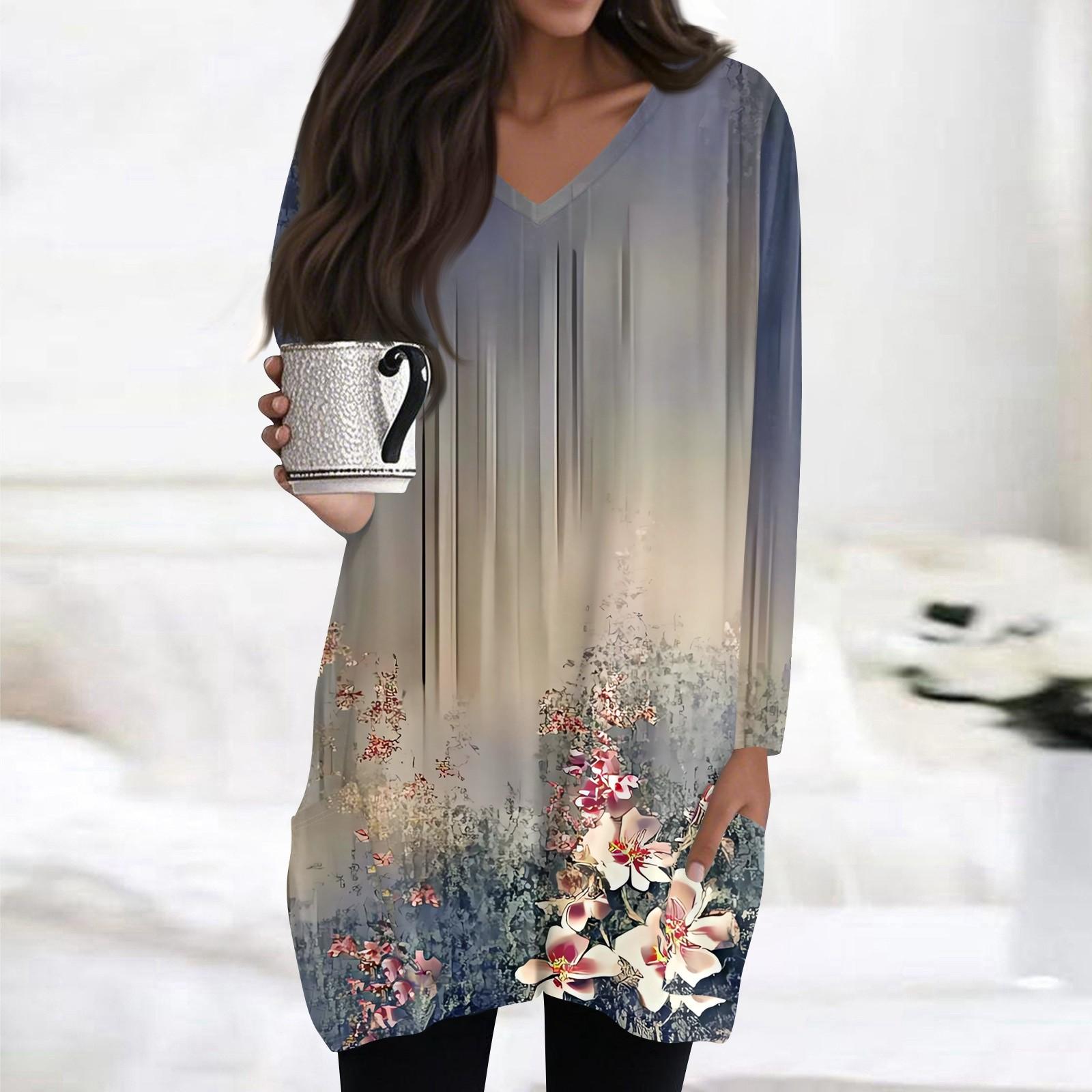 

Womens Tops V-neck Long Sleeve Blouses Casual Mid-length Shirts Fashion Print Tunic Tops With Pockets XXL фіолетовий