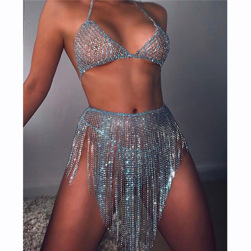 Rhinestone Blue Tassel Body Chains Bling Crystal Bikini Bra Panties Short Skirt for Women Waist Belt Chains Jewelry Sexy