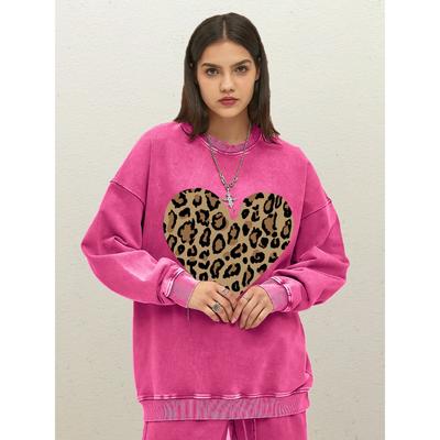 Einfaches Leopardendruck Herz Damen Washed Sweatshirt Herbst Baumwolle Sportbekleidung Lässig Frau Streetwer Lockere Kleidung