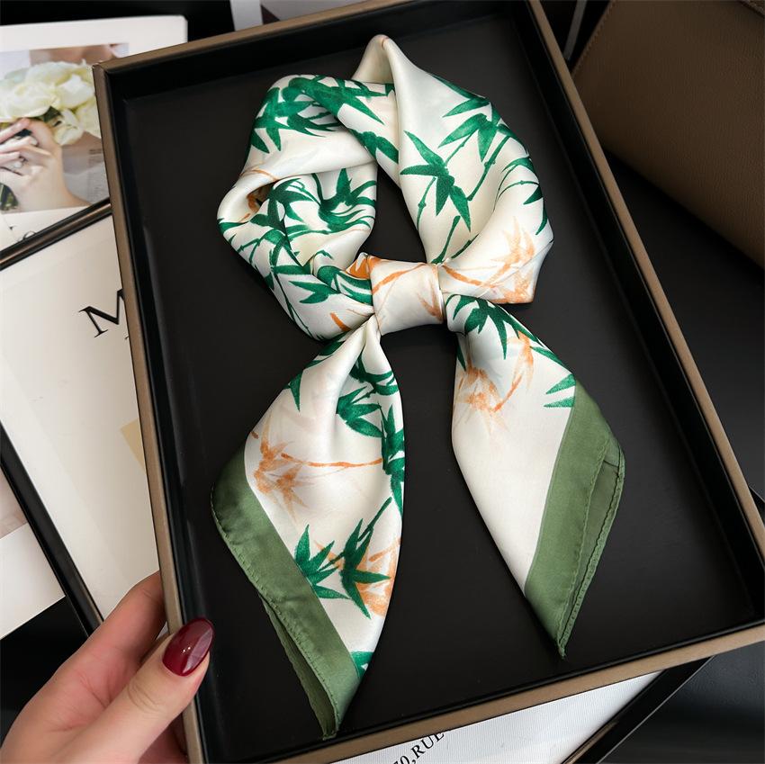 Bamboo Silk Scarf National Style Scarf Simulation Silk Small Square Scarf 70Cm Women'S Scarf Neck Protection Decorative Shawl Leaf Pattern