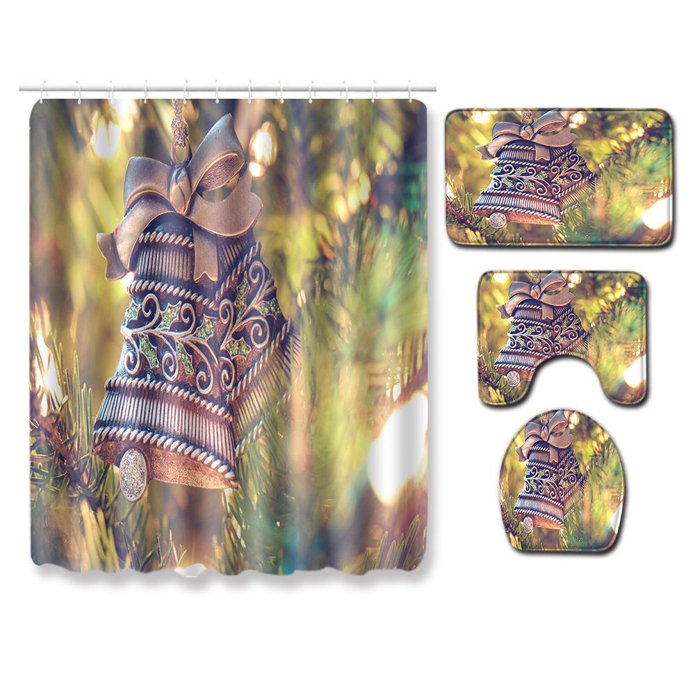 Christmas Elements Bathroom Shower Curtain Floor Mat Toilet Cover Foot Mat Four-Piece Pattern Size