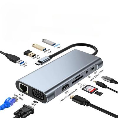 Hub USB C, adaptateur USB C avec lecteur de carte 4K HDMI/VGA/Type C PD/RJ45/SD/TF pour MacBook Pro/Air M1 iPad