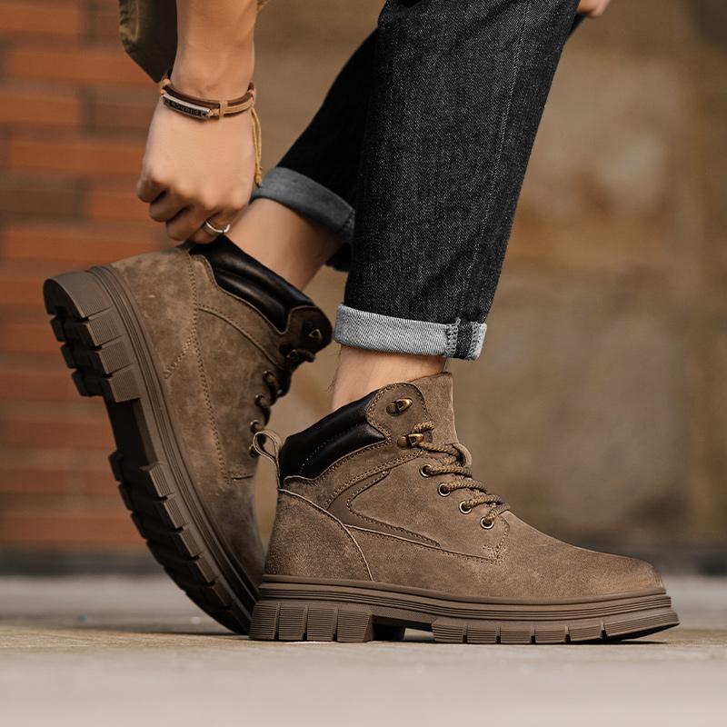Spring and Autumn Men's Round Toe Shoes Are Fashionable Cool Trendy Versatile High-quality Casual Leather Lace Up High Top Shoes
