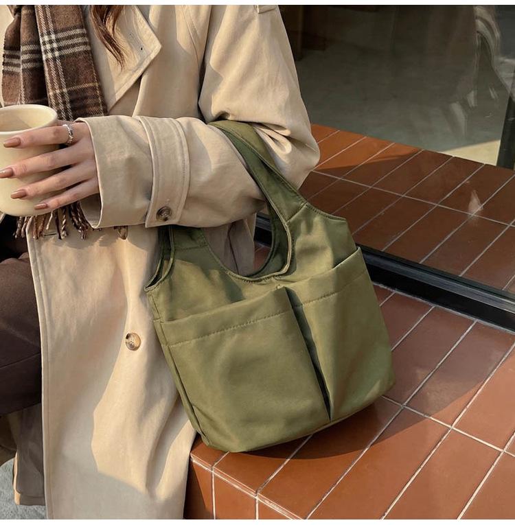 Korean Style Multi-Pocket Canvas Tote Bag with Large Capacity for Lunch or Shoulder Use