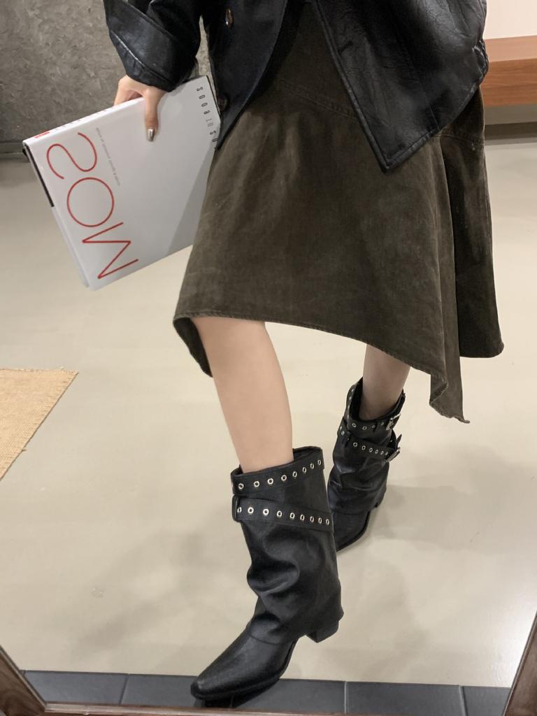 New short boots pointed belt buckle thick heel mid boots French versatile Martin boots slim high heel pant boots