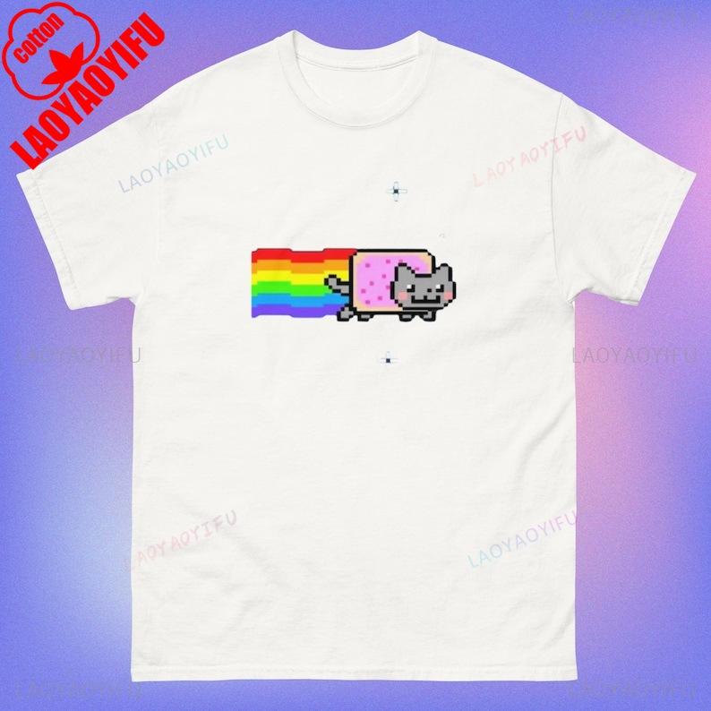 Nyan Cat Смешной Мем Унисекс Футболка с Принтом Узора Летняя Мода Повседневная Удобная и Мягкая Хлопковая Футболка Уличная Одежда Короткий Рукав S
