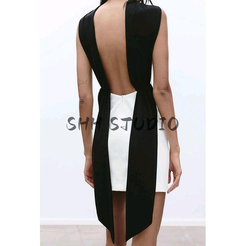 Spring New Women clothes Backless Party Evening dress Contrast Color Patchwork Sleeveless Short Dress 3067339