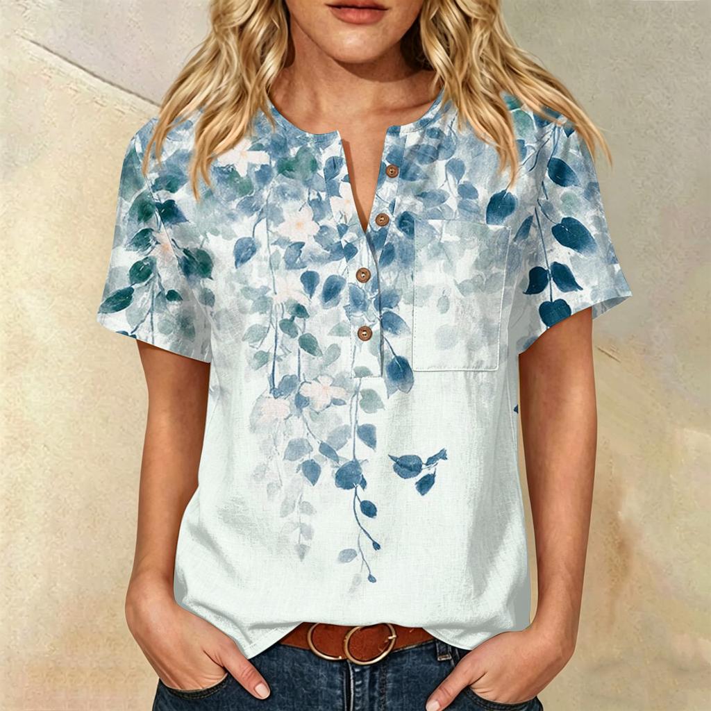 Damen Kurzarm Baumwoll-Leinenhemd mit Modischem Print Henley Knopfleiste und Brusttasche Lockerer Schnitt Lässiges Oberteil