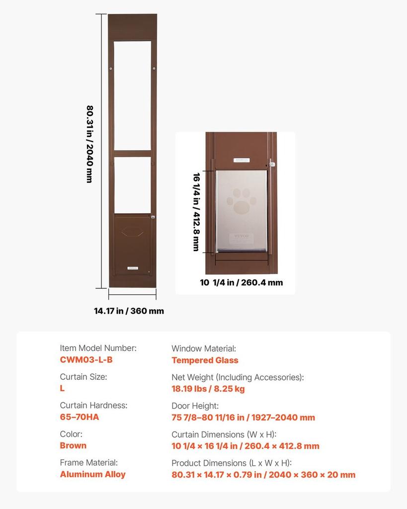 Dog Door for Sliding Glass Door, 1927 mm to 2040 mm Adjustable Height, Aluminum Alloy Frame with Rotating Hinges, Lock Design, 260.4 x 412.8 mm Flap,