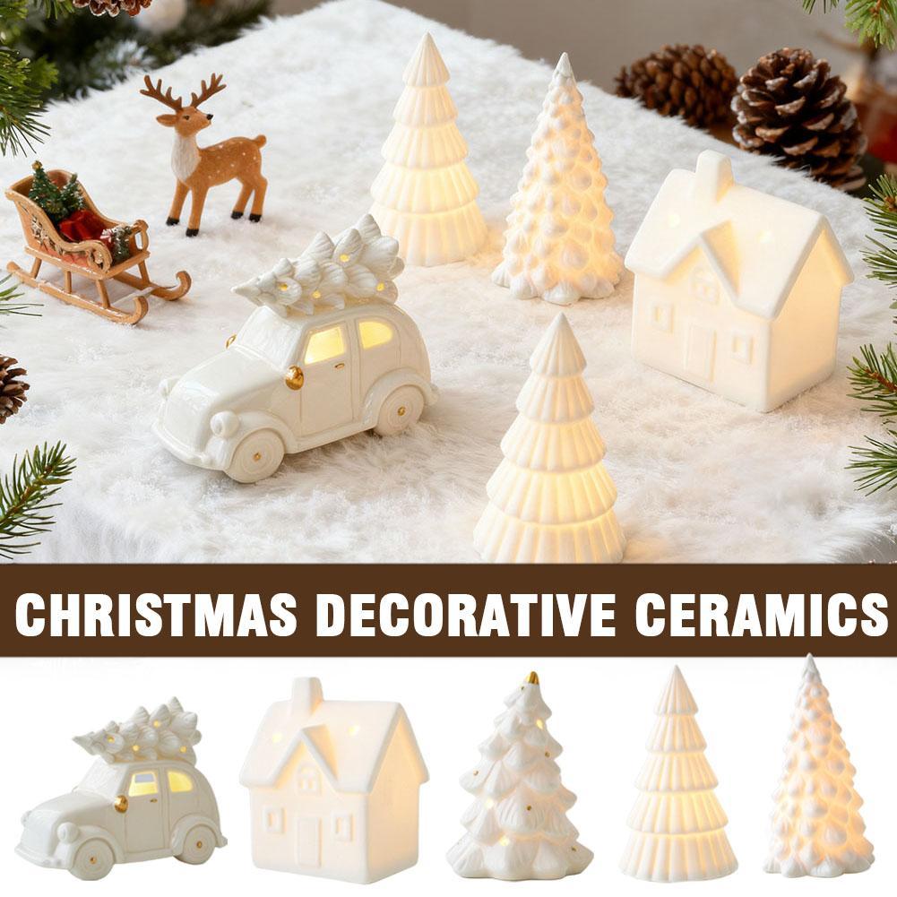 NEW Christmas Ceramic House Desktop Decoration Glowing Christmas Snowhouse Snowman Christmas Tree Decoration Ornament