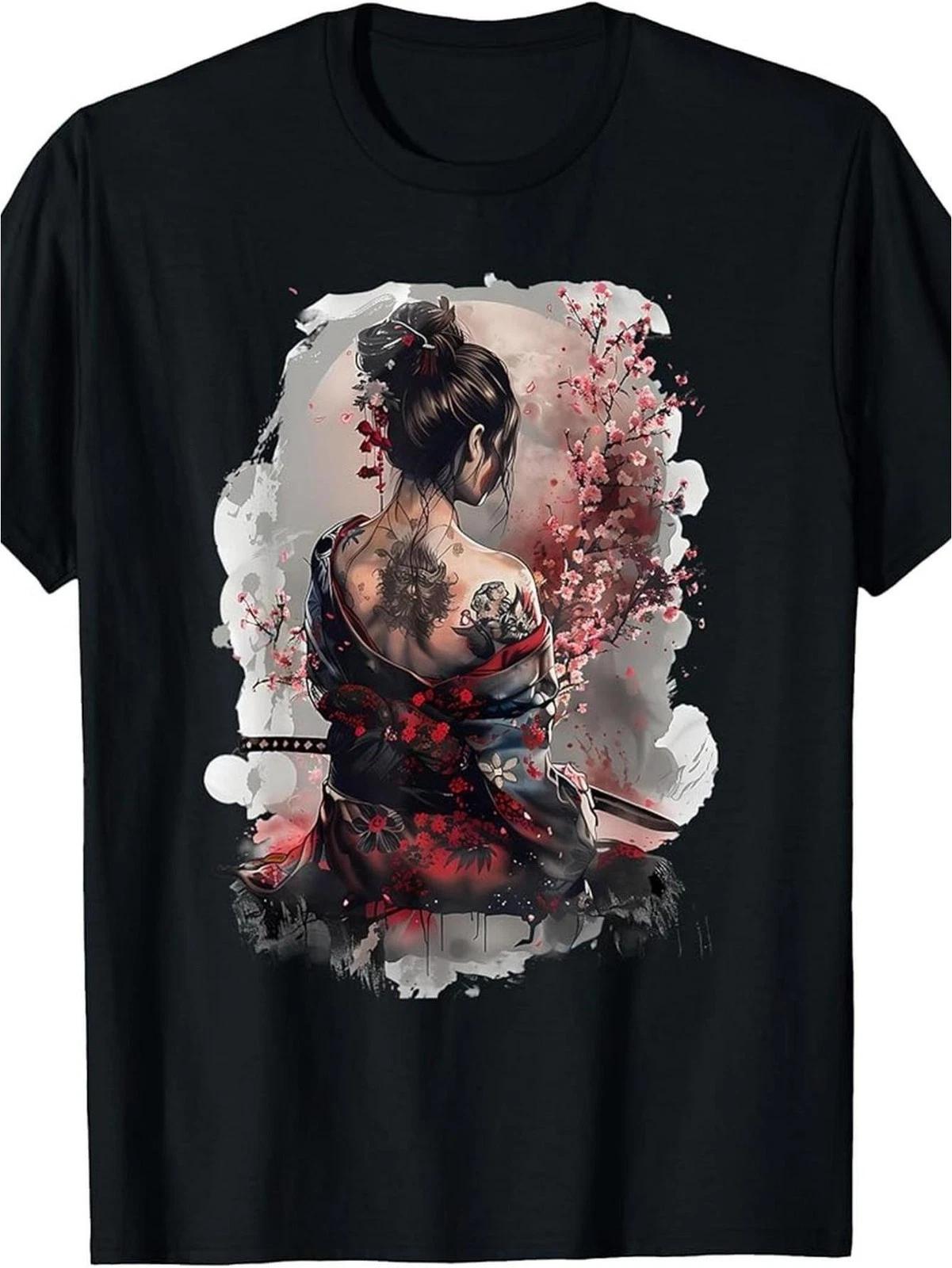 Japanese Samurai Geisha Graphic T-Shirt Sakura Anime Style Tee L
