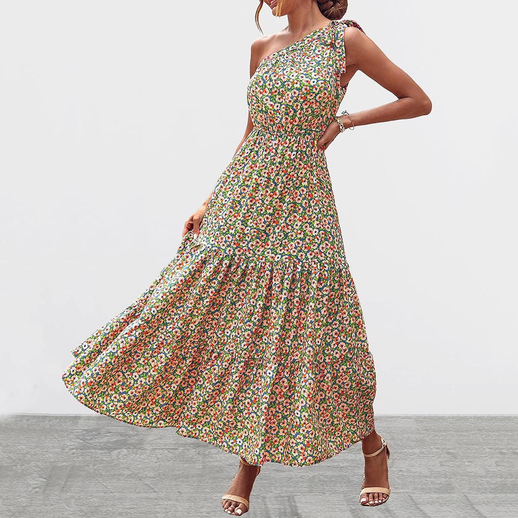Women's Single Shoulder Bohemian Floral Dress Beach Vacation Hem Long Dress