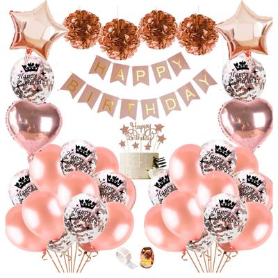 43PC Rose Gold Girl Birthday Party Decorations Happy Birthday Banner Cake Decoration Shiny Tassels Confetti Balloons