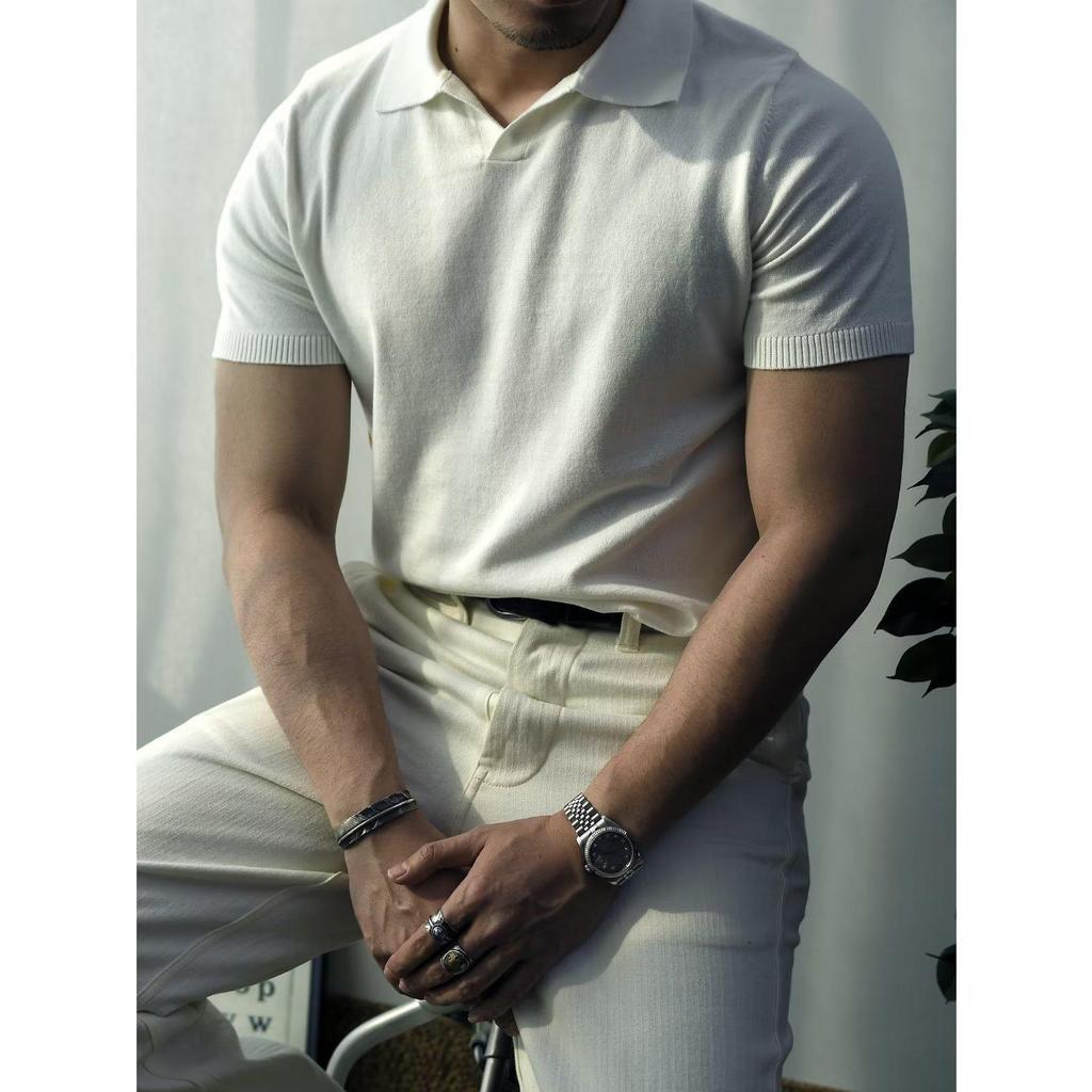 Men's Trendy Korean-Style Solid Color Knitted Polo Shirt