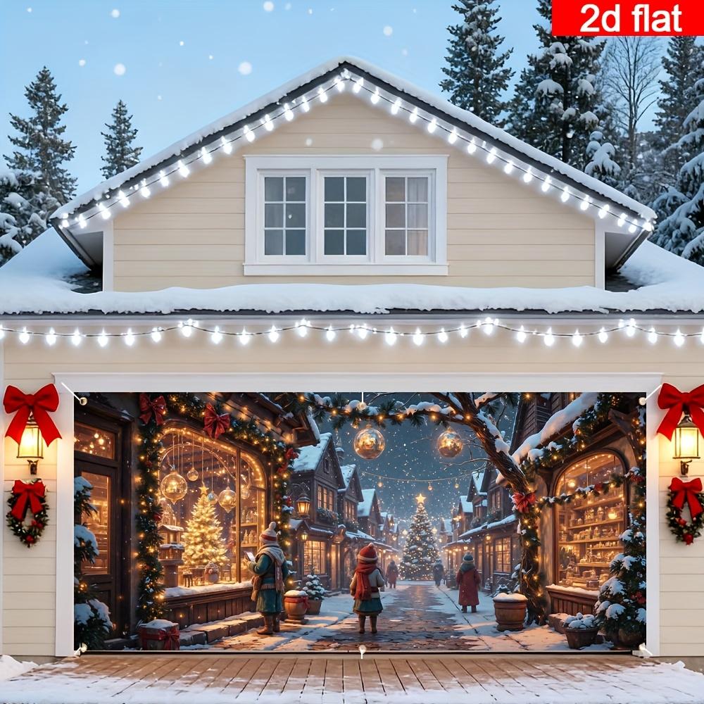 2D flach 1 Stück Weihnachts-Garagentor-Banner mit warmen Lichtern - Europäischer Wintermarkt-Schneeflocken, perfekt für Weihnachten