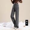 Women's Mid Rise Fleece Lined Wide Leg Jeans Loose Fit Sweet Casual Denim Trousers