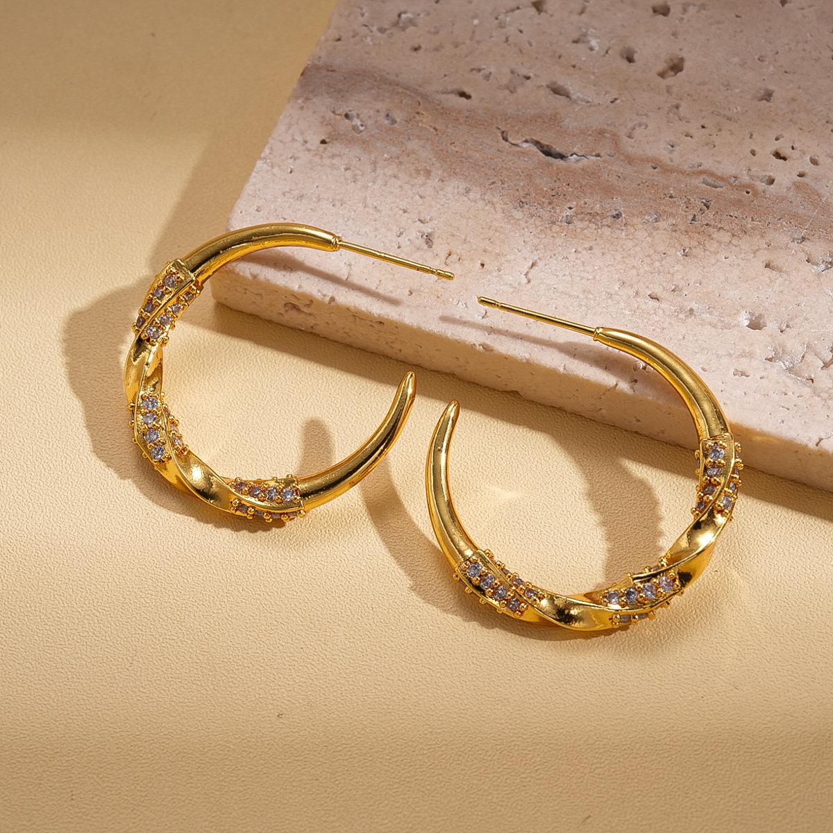 18k real gold electroplated zircon geometric C-shaped twisted silver needle stud earrings vintage earrings