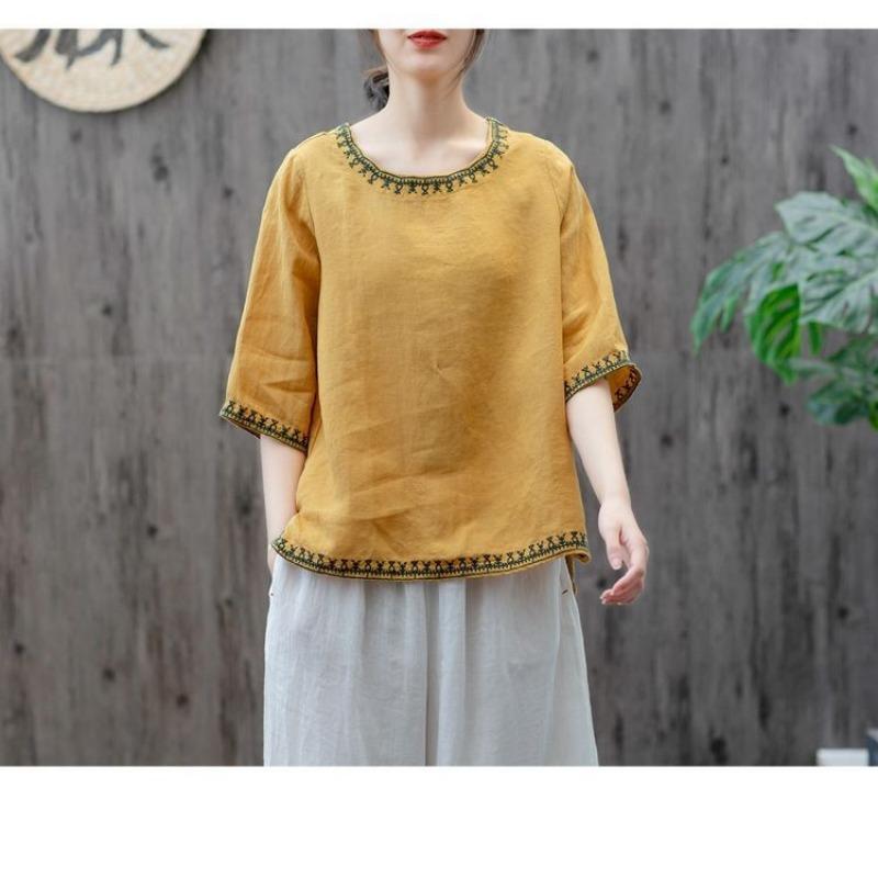 Dam Sommar Rund Hals Halvärm Linne Bomullsblandning Broderad Casual Lös Passform Blus
