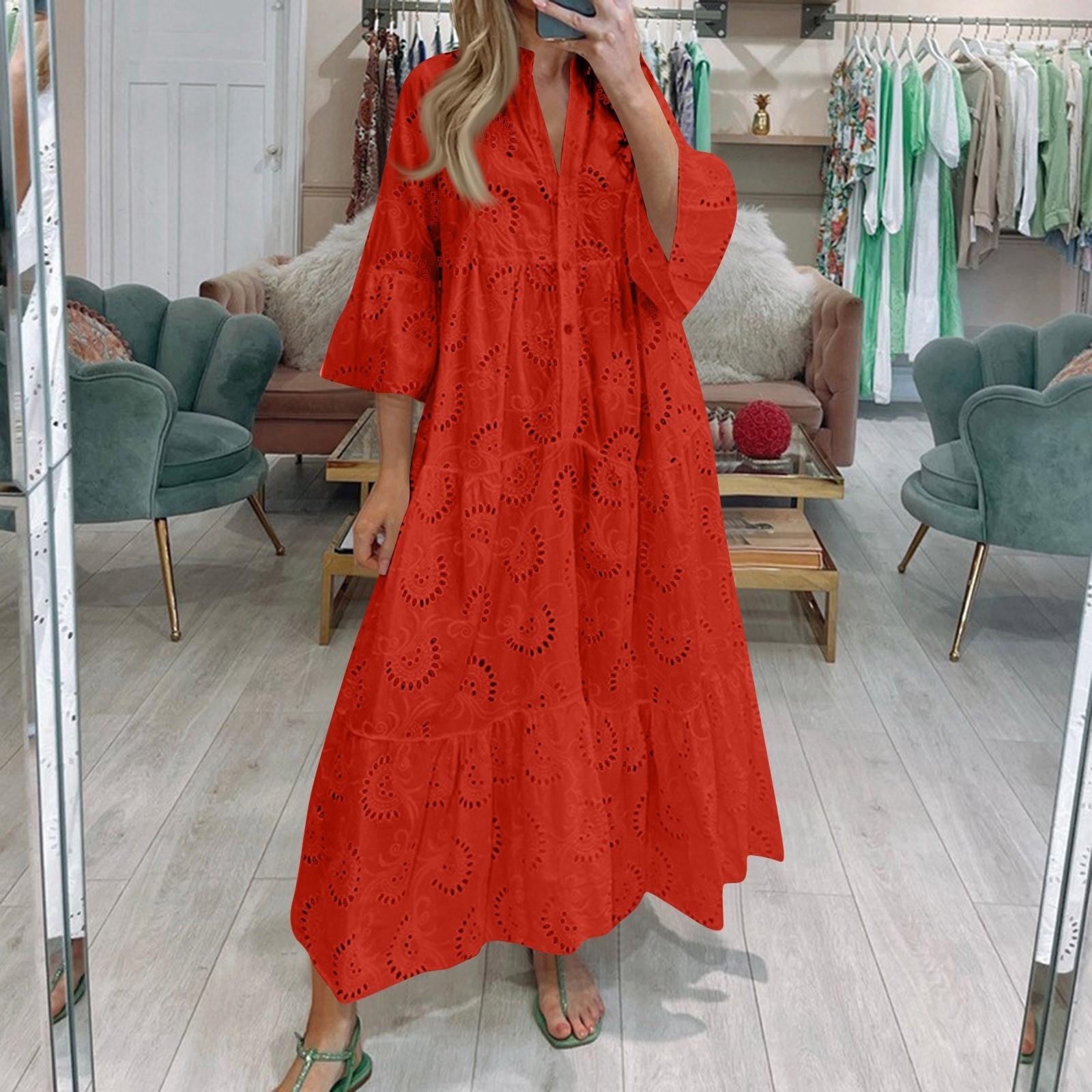 

Женское модное платье с V-образным вырезом, однотонное, большого размера, свободное, длинное, с большим клешем, с рукавами 3/4 XL оранжевый