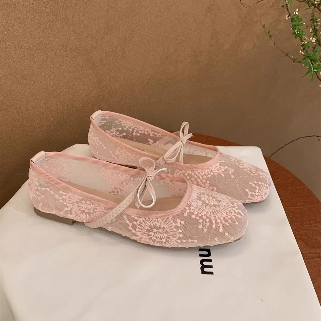 Französischer Ballettstil Mesh bestickt Einzelne Schuhe Damen 2025 Frühling und Sommer neue Modelle mit Röcken, Schleifen, flache Mary Jane Schuhe