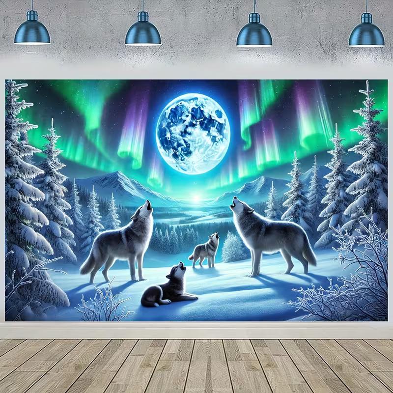 2D Full Moon Wolves Tapestry Northern Lights Photography Background