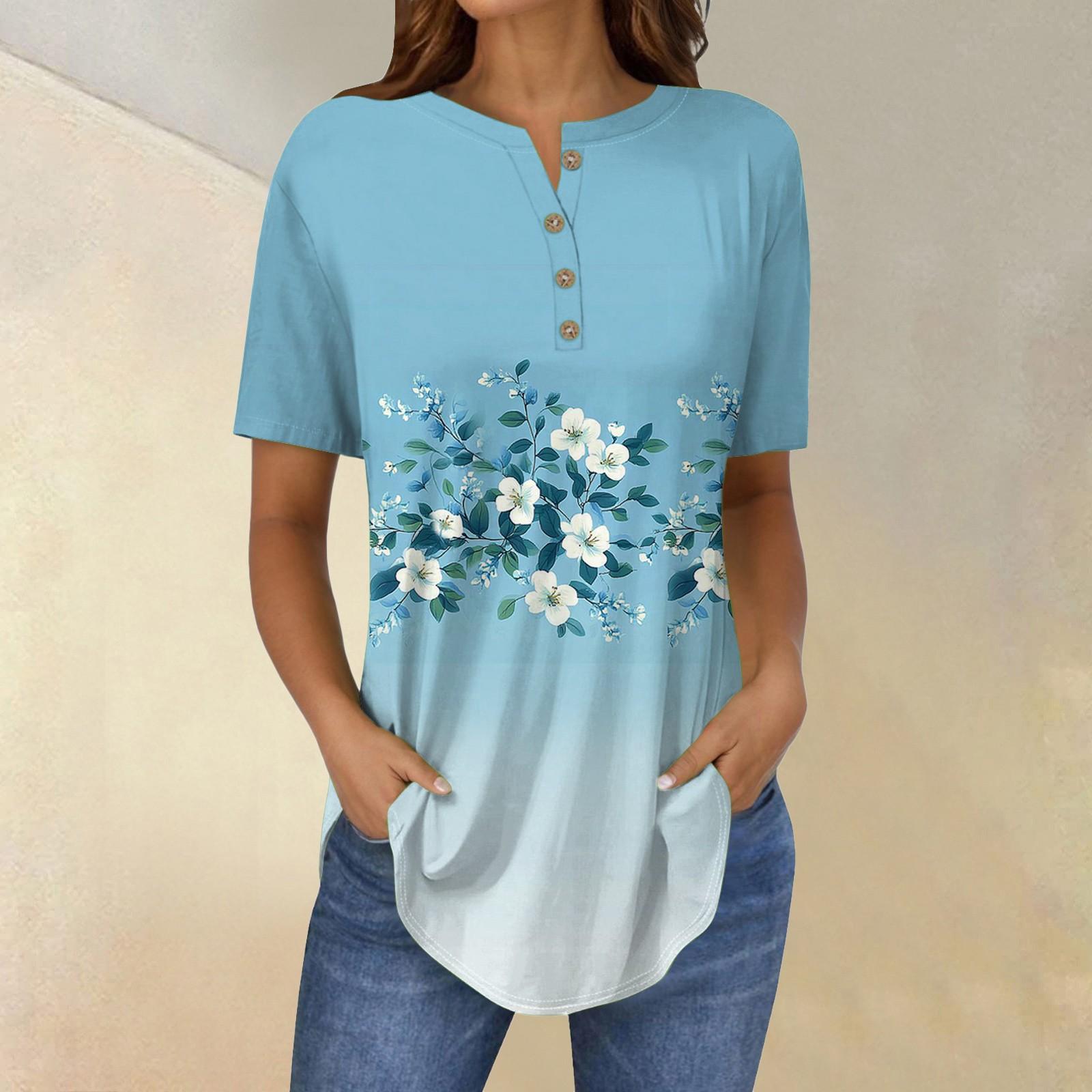 

Short Sleeve Womens Tops Summer T-Shirts Floral Print V Neck Casual Basic Tee Button Shirts Tunic Tops XL небо синє кольору