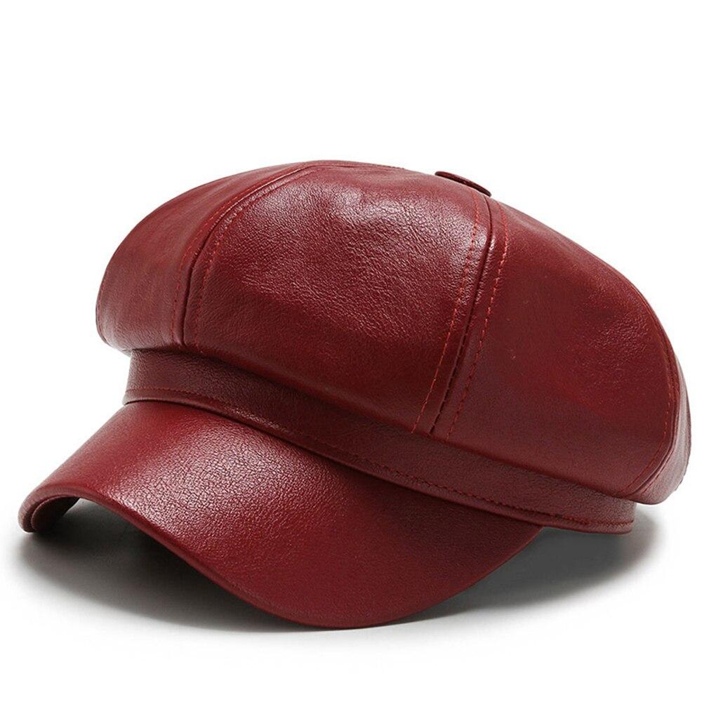 1pc Retro Fashion Women's Pu Leather Octagonal Hat Versatile Autumn And Winter Temperament Big Head Circumference Beret