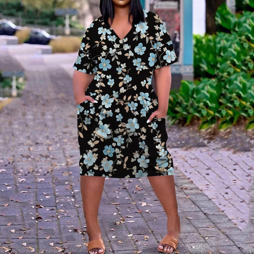Summer Plus Size V Neck Short Sleeve Knee Pocket  Print Casual Dress For Women