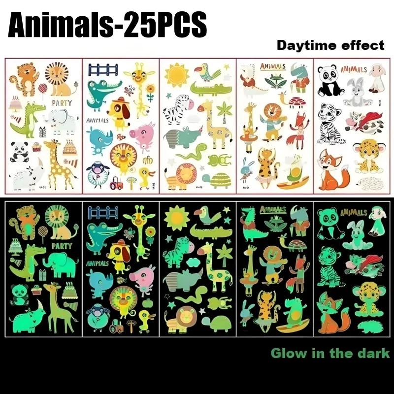 Glow in The Dark Tattoo Stickers for Kids Party Animal Themed Temporary Tattoos Fluorescent Body Art Decorations Safe Washable