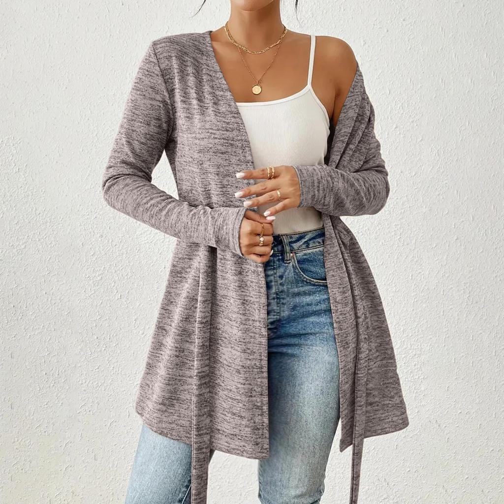 Women's Fashion Solid Color Long Sleeve Tie Casual Loose Cardigan Tops Jacket