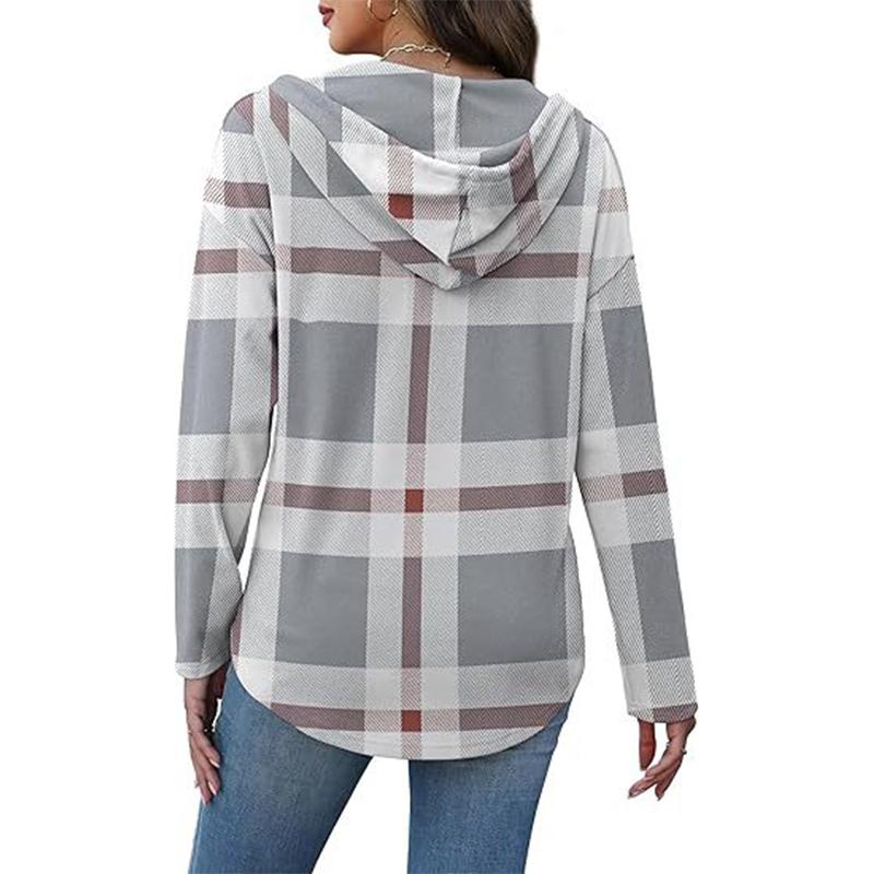 Felpa con cappuccio a quadri da donna, scollo a V, dettaglio bottoni, pullover, manica lunga, top casual