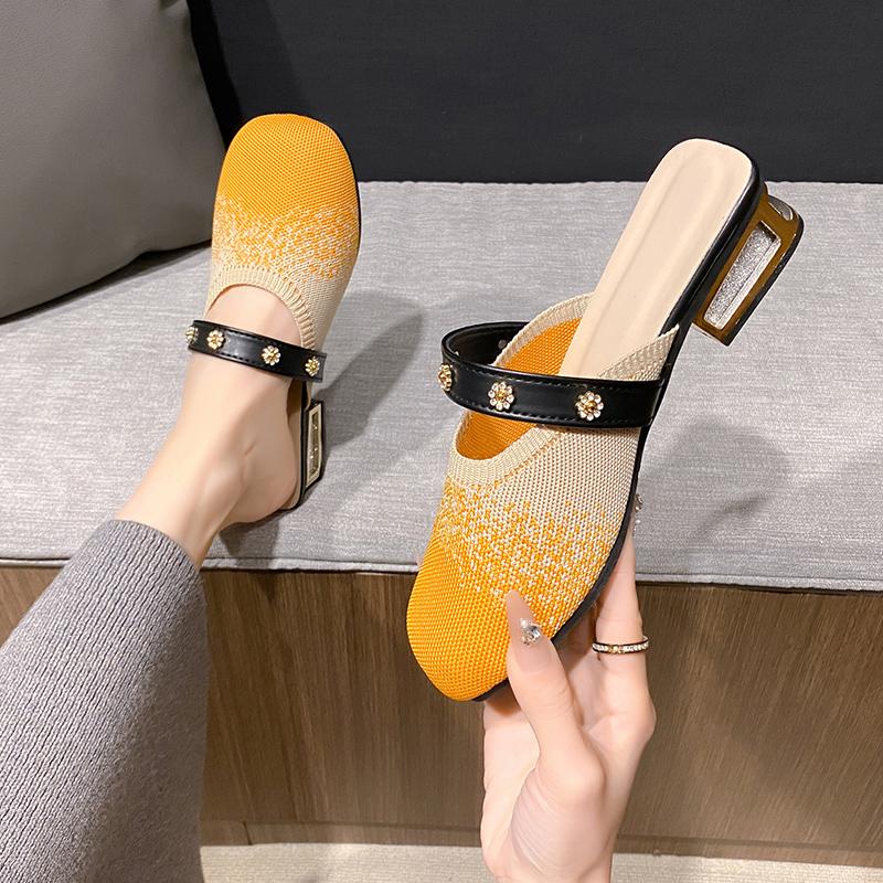 Fashion Spring New Baotou Slippers Women's Fashion Round Head Mesh Cloth Breathable Anti-slip Low Heel Slippers