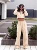 2024 Autumn European & American Solid Color Lapel Crop Top and High Waist Wide Leg Pants Set for Women