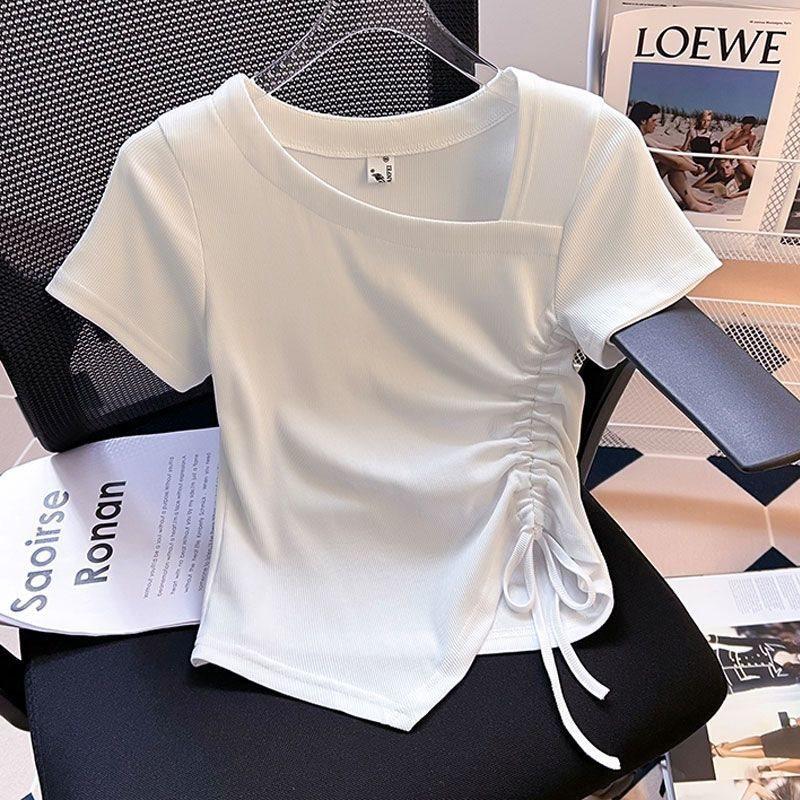 Summer Womens T Shirt With Asymmetric Design And Drawstring For Casual Wear