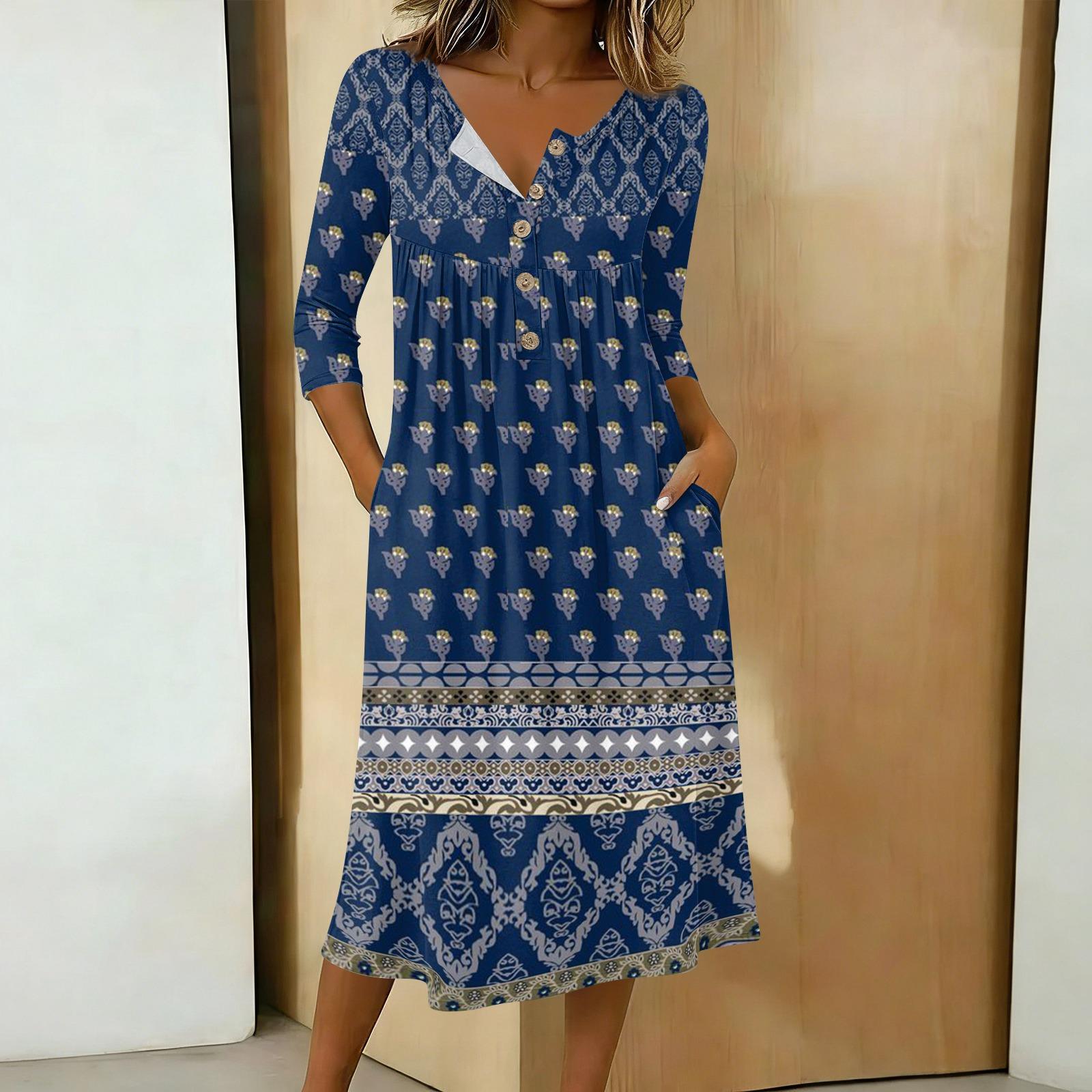 

Women s Fashionable Color Printed Round Neck 3/4 Sleeve Button Collar Mid Length Casual Dress S