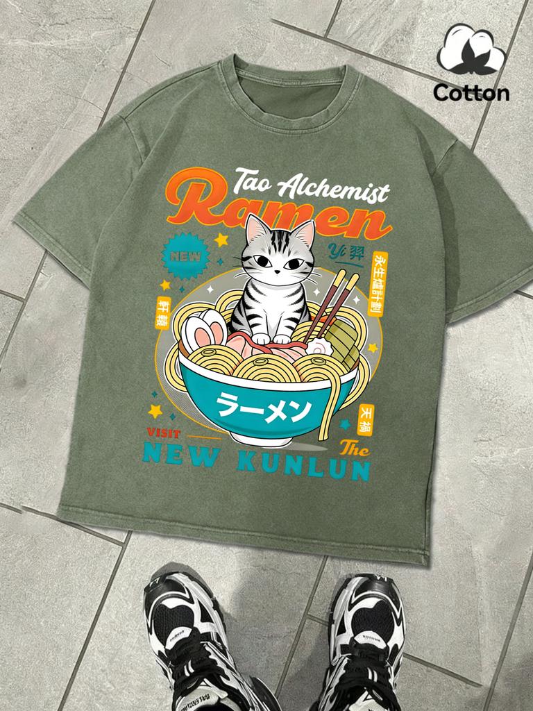 A Cat With A Bowl Of Noodles Printed Washed TShirt Men Comfortable Cotton Soft Tee Casual Loose Unisex Retro Clothing