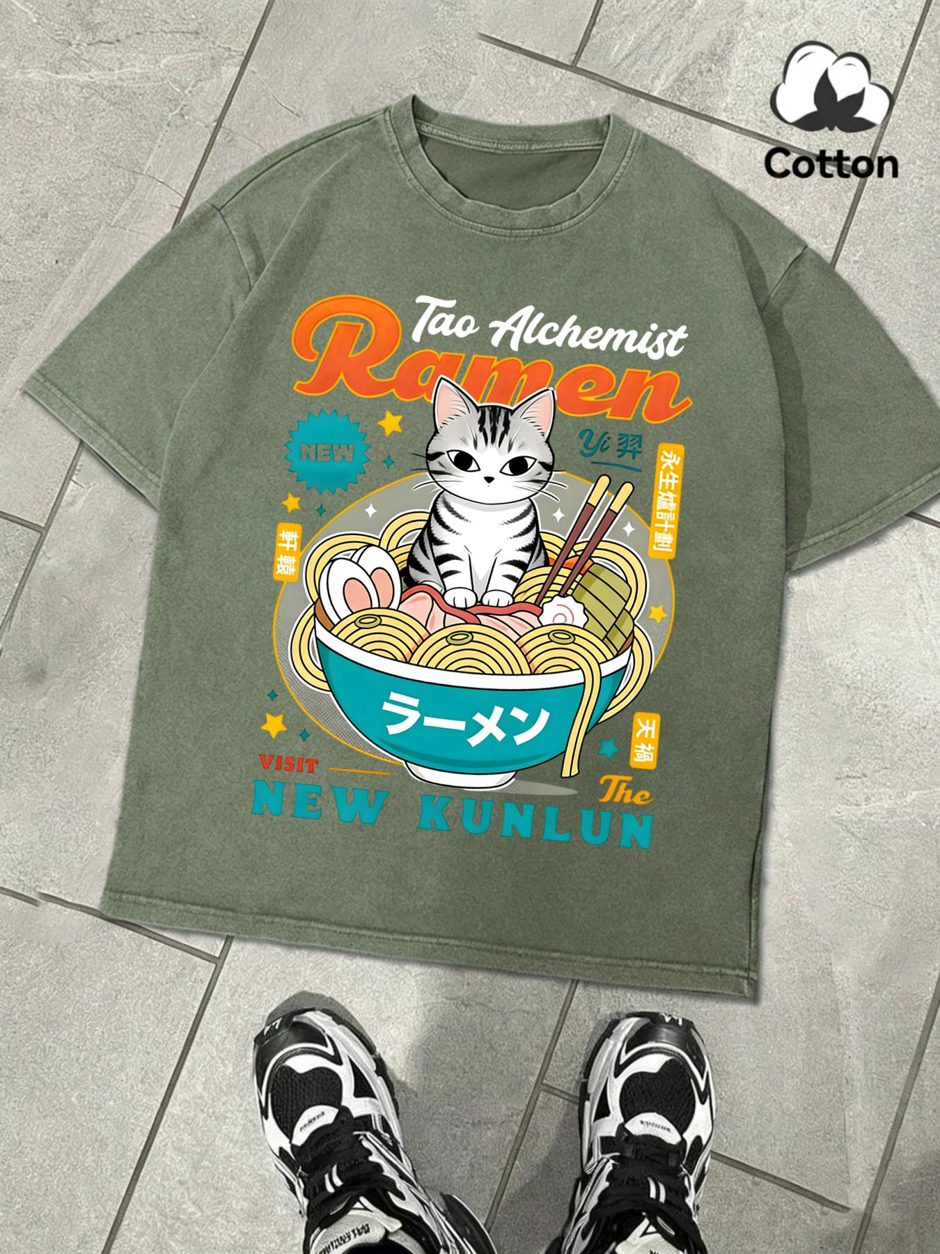 

A Cat With A Bowl Of Noodles Printed Washed TShirt Men Comfortable Cotton Soft Tee Casual Loose Unisex Retro Clothing S