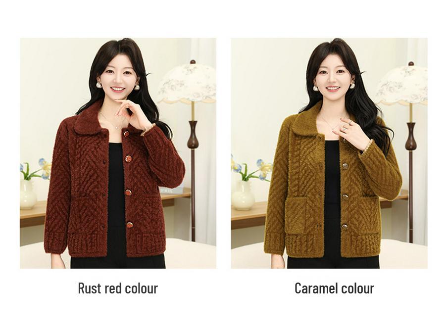 Faux Mink Button Knit Lapel Cardigan: Stylish, Warm Autumn/Winter Sweater for Women.